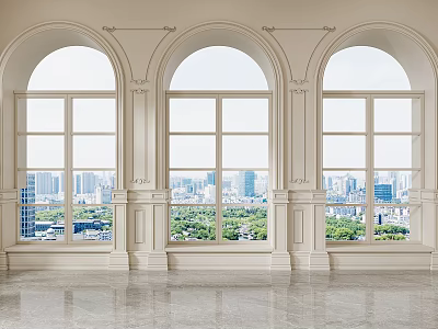 Arched Three Casement Windows With White Frames City View And Marble Floor 3d model