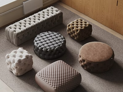 Various Shaped Colored Fabric Ottomans With Textured Designs For Living Room Decor 3d model