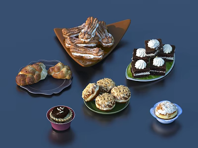 Assorted Sweet Desserts Display With Croissants Cream Puffs Chocolate Cake And Pastries 3d model