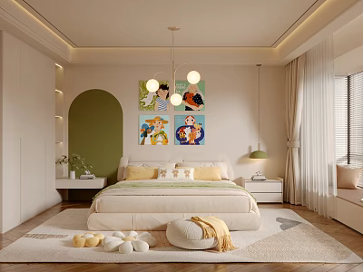 Kids Room Interior With Soft Bed Cartoon Paintings Round Chandelier And Cozy Rug 3d model