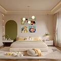 Kids Room Interior With Soft Bed Cartoon Paintings Round Chandelier And Cozy Rug