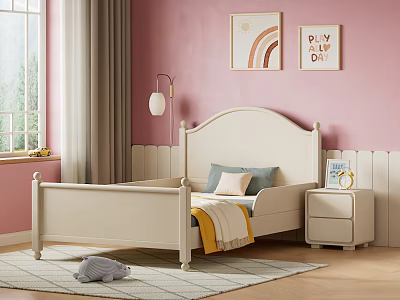 White Kids Bed in Pink Room with Nightstand Wall Art and Toy on Rug 3d model