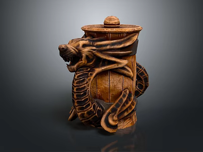 Handcrafted Traditional Wooden Storage Container With Intricate Dragon Design And Lid 3d model