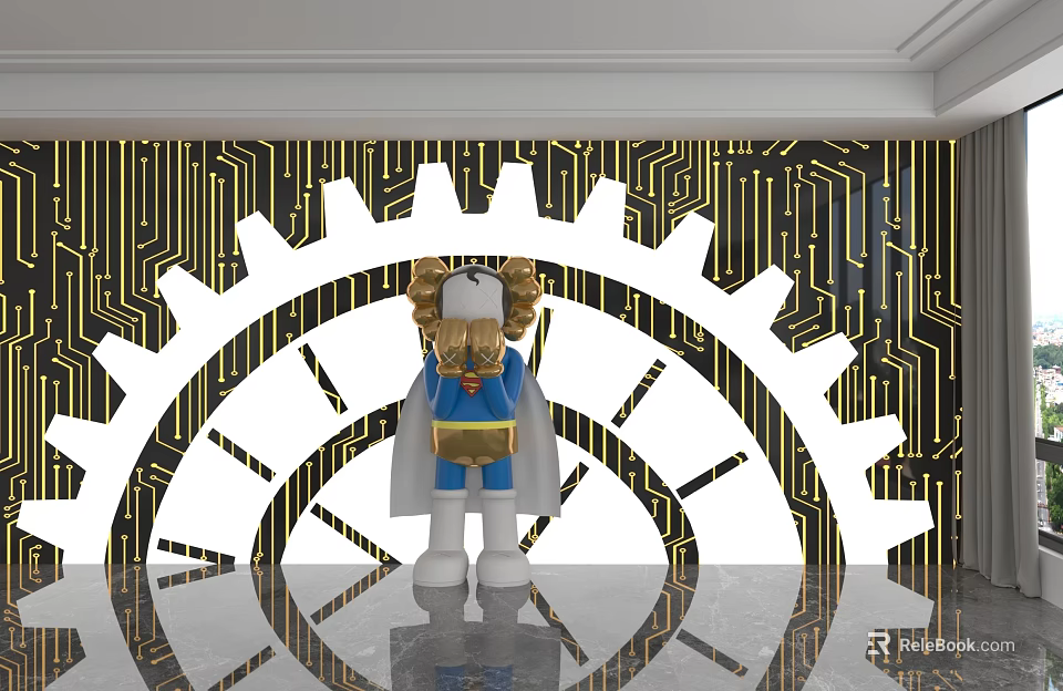 Background Wall With Gold Circuit Patterns And White Gear Design Featuring Blue Outfit Doll 3d model 