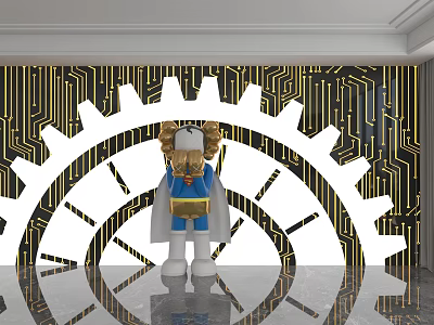 Background Wall With Gold Circuit Patterns And White Gear Design Featuring Blue Outfit Doll 3d model