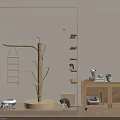 Wooden Cat Tree Play Area With Ladder Platform Cabinet Bed Plants And Litter Box