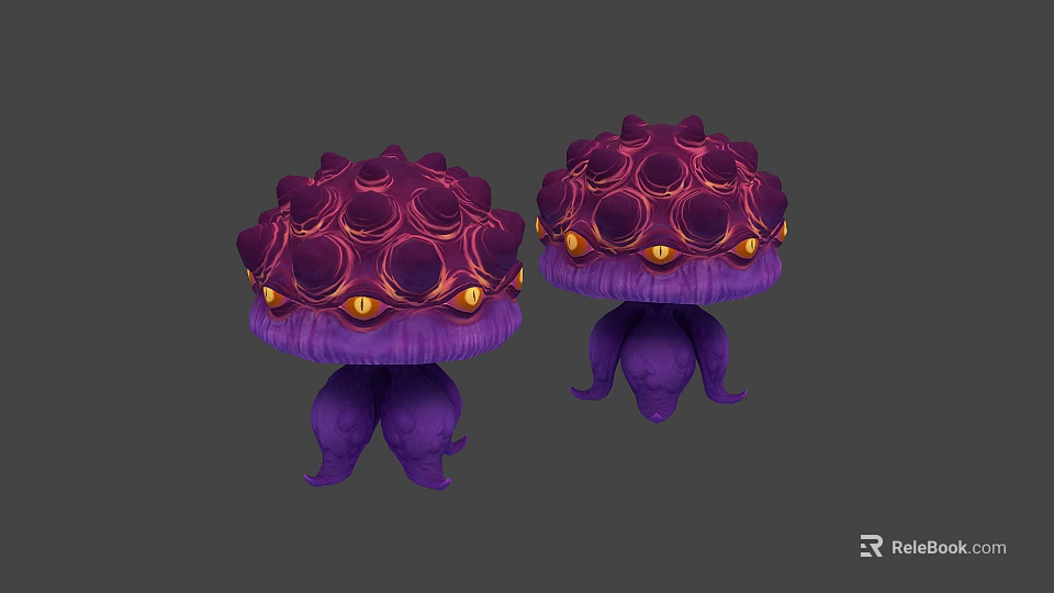 Two Purple Reptile Creatures With Round Top Structures Orange Eyes And Tentacle Legs 3d model 