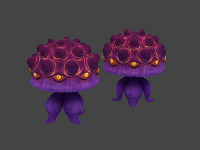 Two Purple Reptile Creatures With Round Top Structures Orange Eyes And Tentacle Legs 3d model