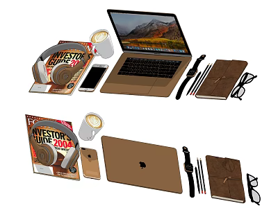 Modern Laptop Workstation with Headphones Phone Notebook Watch and Coffee Cup 3d model