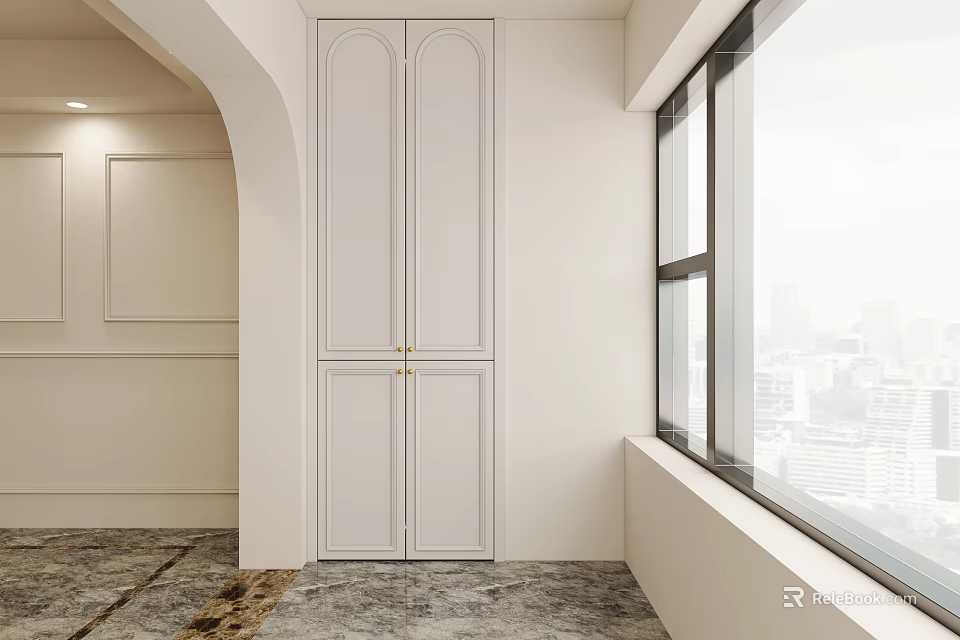 Modern Interior With White Double Door Cabinet Large Window And Marble Floor 3d model 