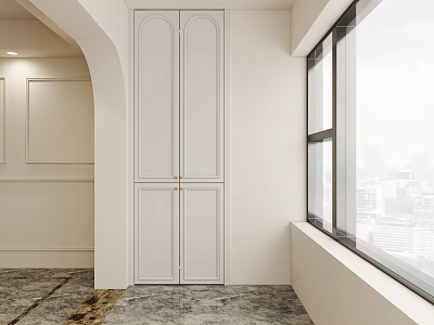 Modern Interior With White Double Door Cabinet Large Window And Marble Floor 3d model