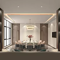 Elegant Private Dining Room Interior With Round Table Chandelier Wine Racks and Large Windows 3d model