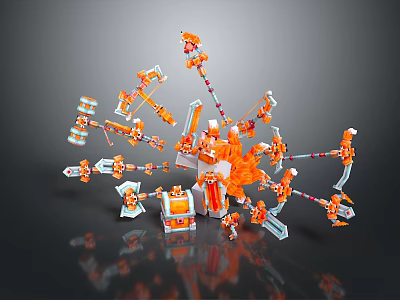 Orange and White Mechanical Weapons With Complex Components Multiple Parts And Explosive Metallic Arrangement 3d model