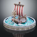 Cartoon Viking Ship With Red White Striped Sail Dragon Head Blue Waves Golden Braided Platform
