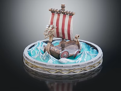 Cartoon Viking Ship With Red White Striped Sail Dragon Head Blue Waves Golden Braided Platform 3d model