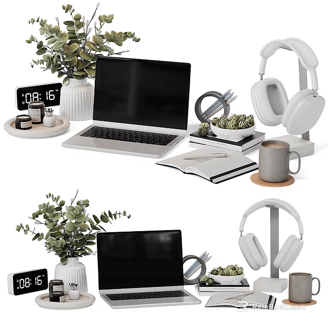 Modern Laptop Desk Setup With Headphones Clock Notebook Mug And Plants 3d model 