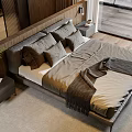Modern Double Bed Interior With Wooden Headboard Plush Pillows And Soft Throw Blanket