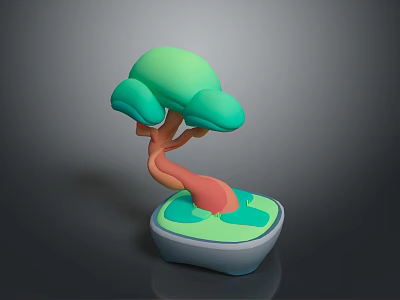 3D Styled Decorative Plant with Green Canopy Orange Trunk and Blue Green White Base 3d model