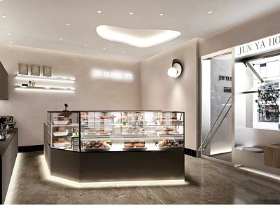 Modern Dessert Shop Interior With Glass Display Case And Fresh Pastries 3d model