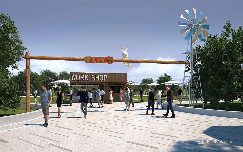 Scenic Park Landscape with Wooden Archway LIVE Sign Windmill WORK SHOP Shed and People Walking 3d model 
