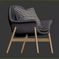 Stylish Gray Single Sofa With Checkered Pillow And Wooden Legs For Modern Living Room