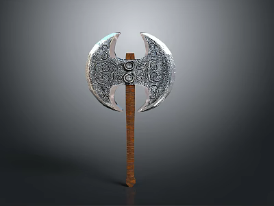 Double Headed Axe Weapon with Silver Blades Intricate Patterns and Wooden Handle 3d model