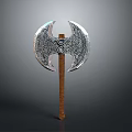 Double Headed Axe Weapon with Silver Blades Intricate Patterns and Wooden Handle
