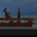 Flat Door On Container Ship At Busy Port With Cranes And Bridge Structure 3d model