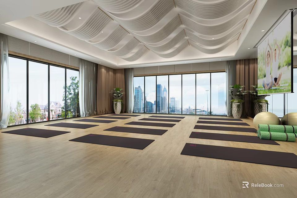 Spacious Yoga Fitness Studio With Large Windows City View Green Plants And Wavy Ceiling 3d model 
