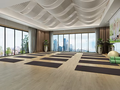 Spacious Yoga Fitness Studio With Large Windows City View Green Plants And Wavy Ceiling 3d model