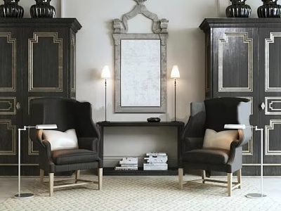Black Armchairs with Mirror Table Lamps Books and Rug in Classic Living Room 3d model