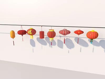 Traditional Household Lanterns in Multiple Colors and Designs Hanging on String Over White Wall 3d model