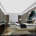Luxurious Modern Hotel Guest Room With King Bed Decorative Painting Table Lamps And Wooden Floors