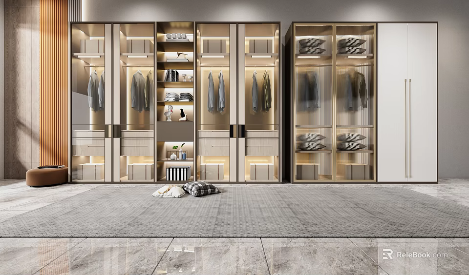 Modern Wardrobe Interior Design With Glass Doors Hanging Rails Shelves And LED Lighting 3d model 