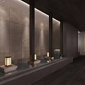 Modern Hotel Corridor Interior With Wooden Walls Lighting And Decorative Artwork