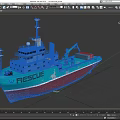 Turquoise And Brown Rescue Ship With Crane And Orange Lifebuoy On Deck