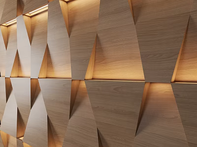 Wooden Geometric Bed Accent Wall With Lighting 3d model