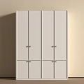 White Wardrobe With Multiple Doors And Drawers Against Light Colored Wall With Wooden Floor