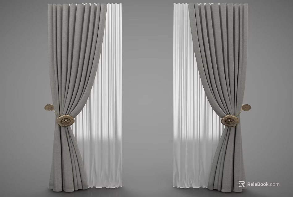 Double Layer Gray And White Curtains With Decorative Round Tiebacks For Windows 3d model