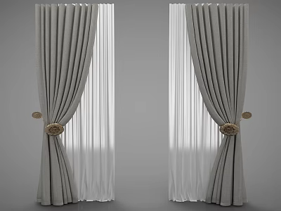 Double Layer Gray And White Curtains With Decorative Round Tiebacks For Windows 3d model