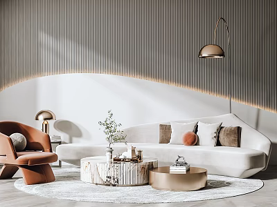 Elegant Modern Sofa Coffee Table Combination With Textured Wall Brass Pendant Light And Decorative Pillows 3d model