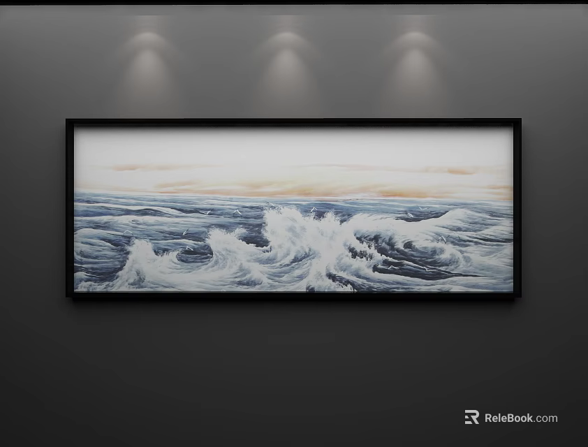 Seascape Painting with Rolling Waves and Foam in Black Frame on Grey Wall with Spotlights 3d model 