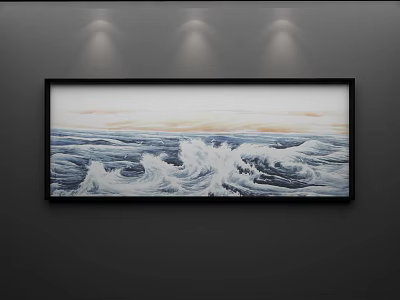 Seascape Painting with Rolling Waves and Foam in Black Frame on Grey Wall with Spotlights 3d model