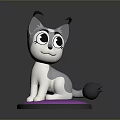 Cute Cartoon Cat Figurine With Big Eyes Gray White Fur Sitting On Purple Round Base