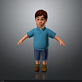 3D Cartoon Boy Model Wearing Blue Polo Shirt Blue Shorts Brown Shoes On Gray Background