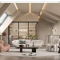 Modern Living Room With Sloped Ceiling Skylight Glass Bookshelf White Sofa Striped Armchair Round Rug