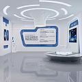 Modern Space Technology Exhibition Hall With Satellite Model Blue Columns And Interactive Displays 3d model
