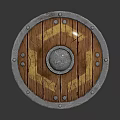Medieval Wooden Shield With Round Metal Center And Riveted Border Design