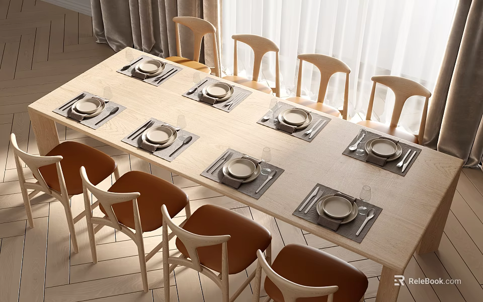 Elegant Wooden Dining Table Set With Matching Chairs Placemats Plates And Wine Glasses 3d model 