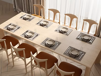 Elegant Wooden Dining Table Set With Matching Chairs Placemats Plates And Wine Glasses 3d model